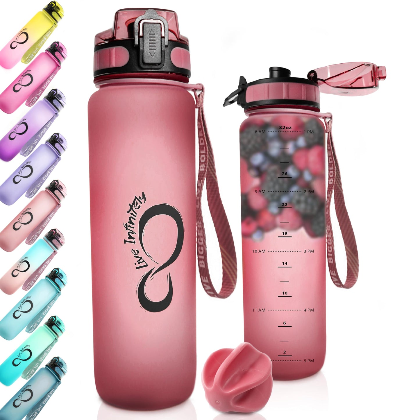 Gym Water Bottle with Time Marker Fruit Infuser and Shaker 34 Oz Burgundy